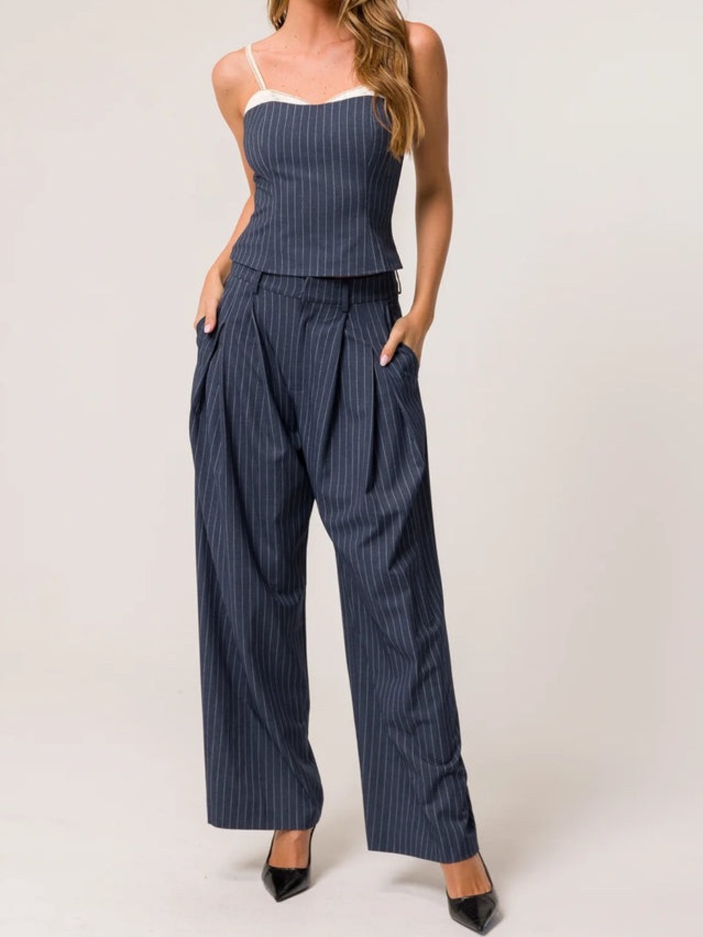 Line & Dot Striped Navy Pants